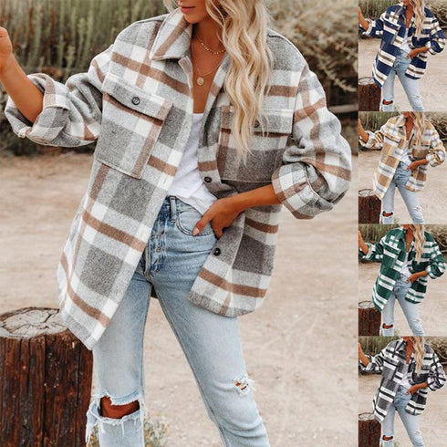 Long-Sleeve Loose Plaid Thickened Wool Jacket
